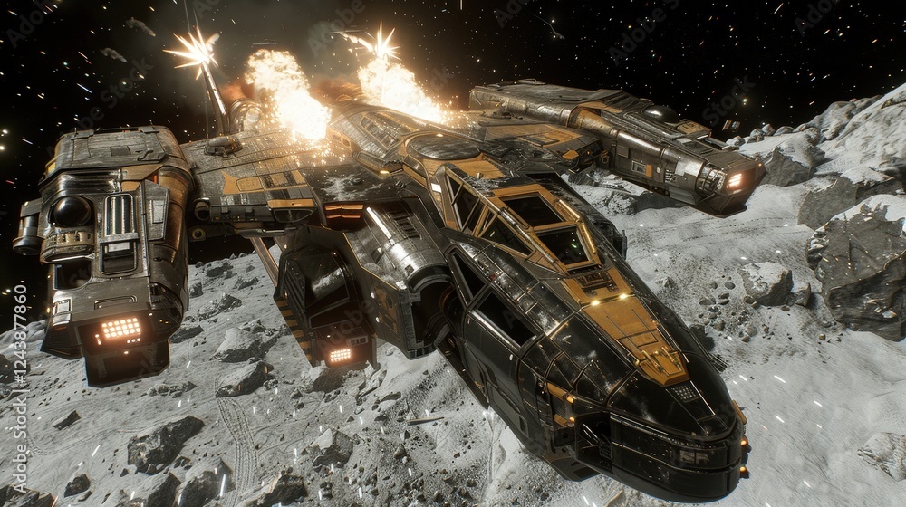 Poster a futuristic spaceship is navigating through space, with explosions erupting from its hull amidst a 