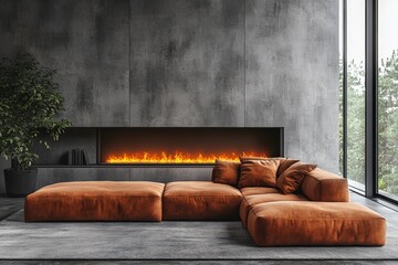 Contemporary living room with comfortable sofa and fireplace