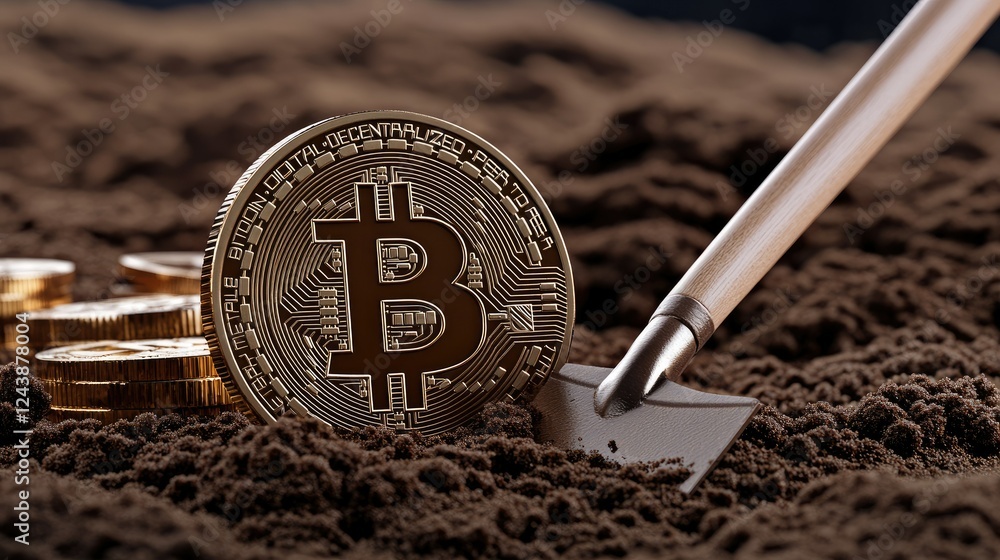 Poster coin mining process with a shovel and bitcoin on dirt background showcasing cryptocurrency's physica