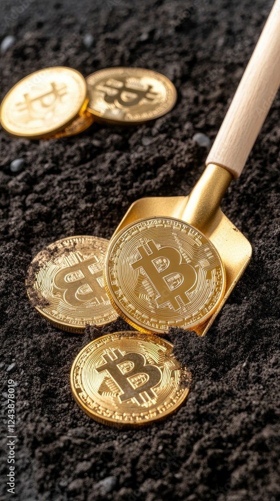Poster golden coins with cryptocurrency symbols being unearthed from soil using a small shovel in a digital
