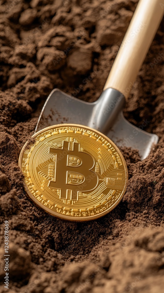 Poster bitcoin coin partially buried in soil beside a shovel, illustrating the concept of cryptocurrency mi