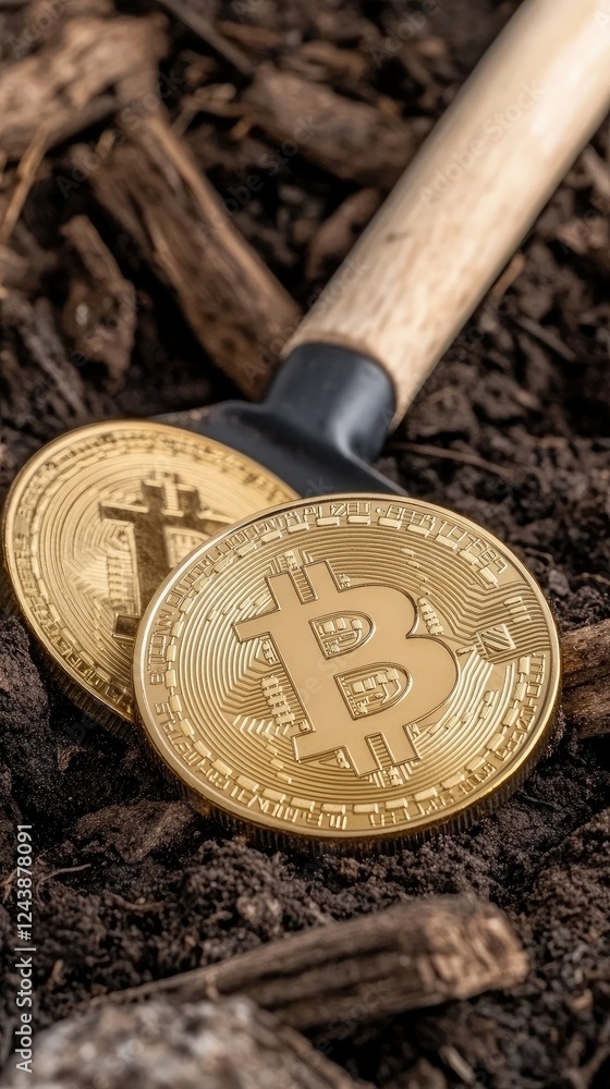 Aufkleber cryptocurrency mining tools on soil with golden bitcoin coins prominently displayed in a rustic sett