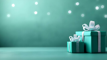 Elegant teal gift boxes with white ribbons, perfect for celebrations and holidays, adding charm and joy.