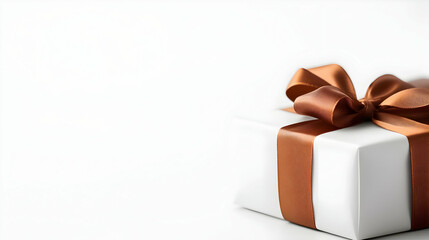 Elegant white gift box with a luxurious brown ribbon. Perfect for special occasions and celebrations.
