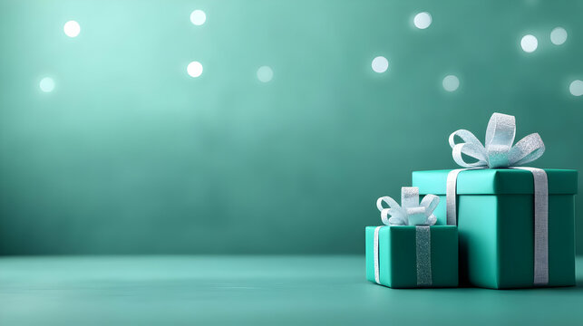 Elegant teal gift boxes with white ribbons, perfect for celebrations and holidays, adding charm and joy.