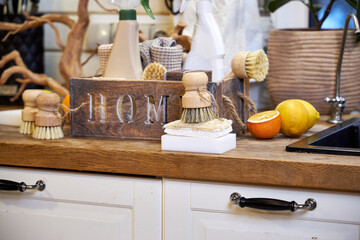 Eco-style cleaning, wooden brushes with natural bristles and loofah sponges for washing dishes