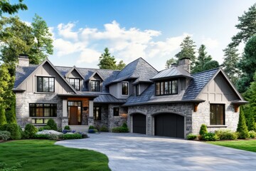 Stylish stone house with modern design surrounded by lush greenery and a paved driveway in a tranquil suburban neighborhood during a clear day