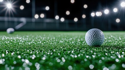 A golf ball is positioned on the vibrant artificial turf, illuminated by the bright lights during a nighttime practice session at a top-notch sports facility