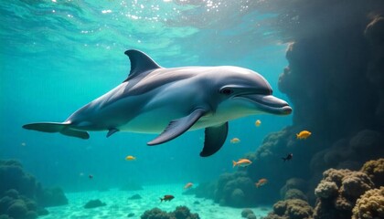 Fototapeta premium Striped Dolphin Gracefully Swimming in Vibrant Coral Reef Underwater Paradise