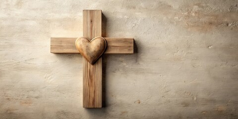 Wooden Cross with Carved Heart on Rustic Background