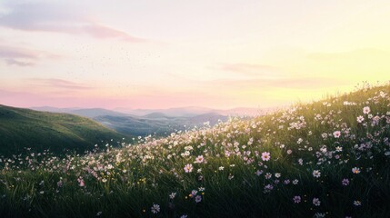 Fototapeta premium Serene Sunset over Flowery Hills