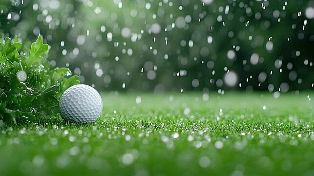 A golf ball sits atop damp grass as a gentle rain shower falls, surrounded by a vibrant and lush green landscape