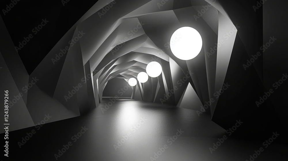 Poster futuristic architectural background featuring an empty geometric interior with glowing lamps in a da