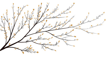 Artistic illustration of branch with golden leaves, minimalistic style, white background, copy space