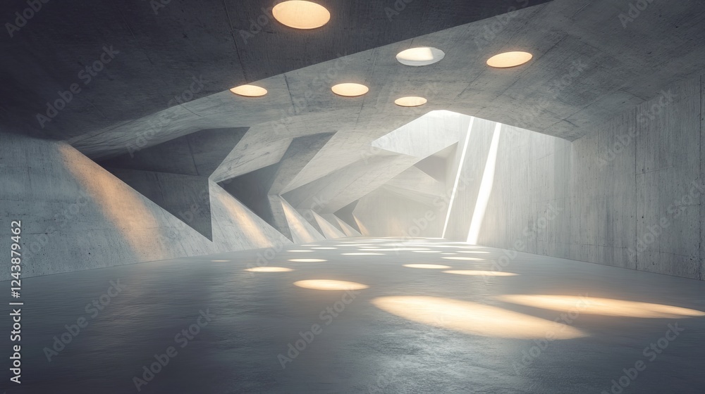 Poster futuristic architectural background featuring an empty geometric interior with glowing lamps in a da