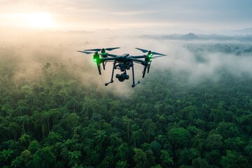 Fototapeta premium A drone collecting environmental data from a dense rainforest