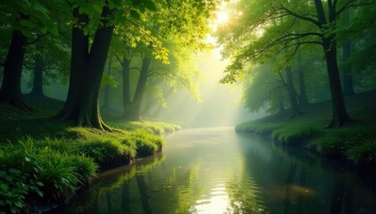 Fototapeta premium Dappled sunlight filters through the trees above the river, light, canopy, serene