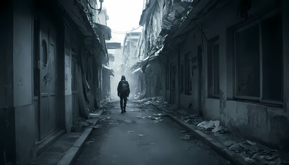 Lonely Figure Walking Desolate Urban Alleyway