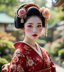 Retrato geisha japonesa maquillada y con un kimono rojo y flores