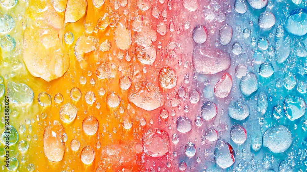 Poster colored water droplets, reflecting vibrant hues and creating a striking visual effect.