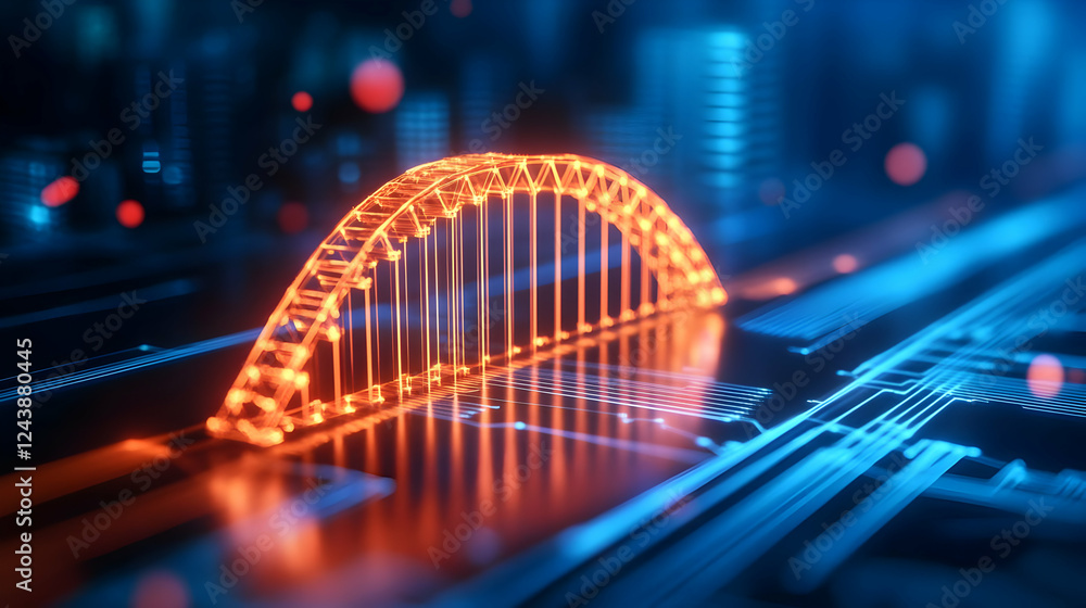 Poster futuristic bridge design illuminated in neon lights, showcasing innovation and creativity in archite
