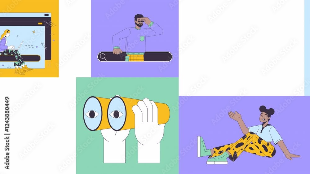 Poster web search bar users bento grid animation. binoculars holding, surfing websurfing. people with searc