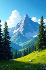 Serene mountain landscape with towering trees under a clear blue sky, sky, serenity