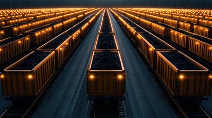 Coal trains lined up at a loading facility during dusk with illuminated carts creating a striking visual display