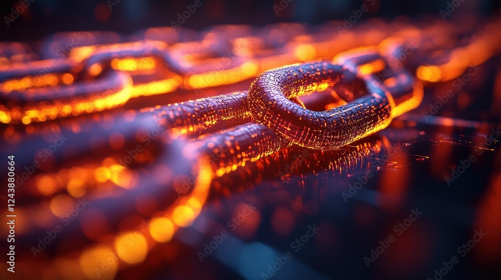 Aufkleber close-up view of glowing orange chains representing strength and connection in a digital landscape