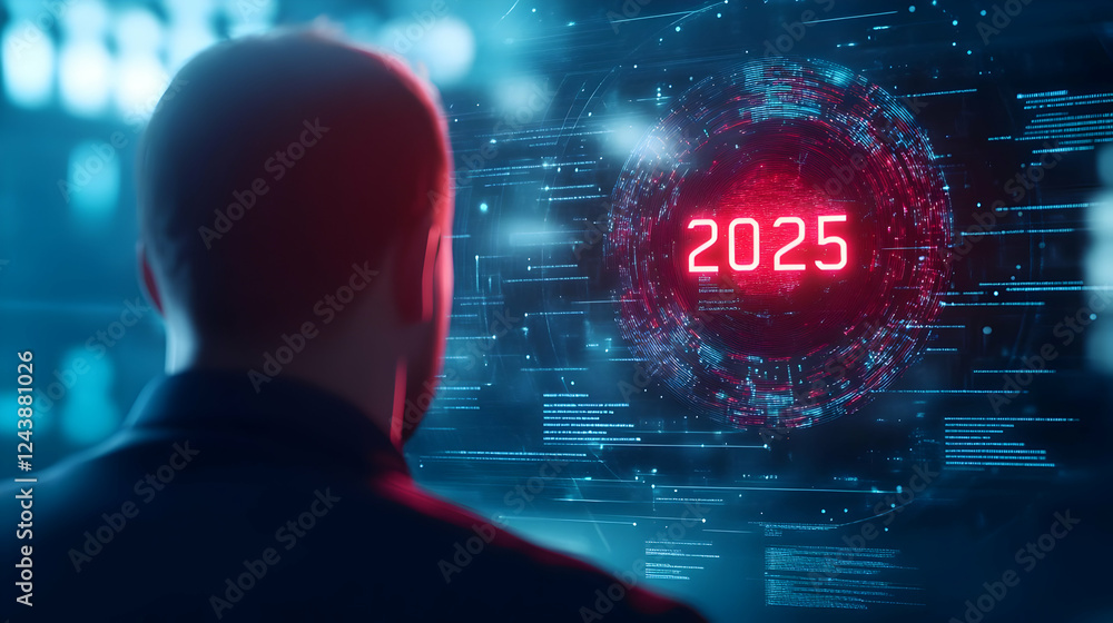 Poster futuristic digital concept showing a person viewing data for the year 2025 in a high-tech environmen