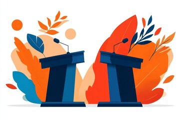 A flat design of two podiums facing each other, representing a political debate