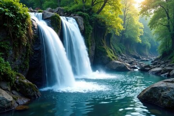 Fototapeta premium Shimmering waterfalls cascading down a rocky slope, flowing, pool