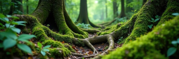 Obraz premium Twisted tree roots weave through mossy forest floor, nature, moss, organic