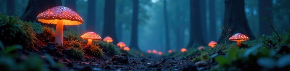 Fototapeta premium Shining mushroom caps in a misty forest clearing at night, shining mushrooms, bioluminescent fungi