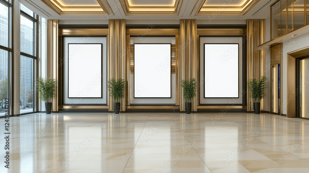 Poster elegant empty gallery space featuring large blank frames and contemporary design elements in a moder
