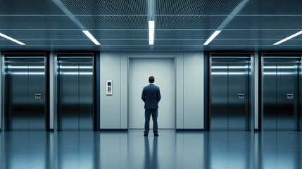 A businessman stands patiently in a sleek, modern office building corridor, waiting for the elevator to arrive during busy work hours