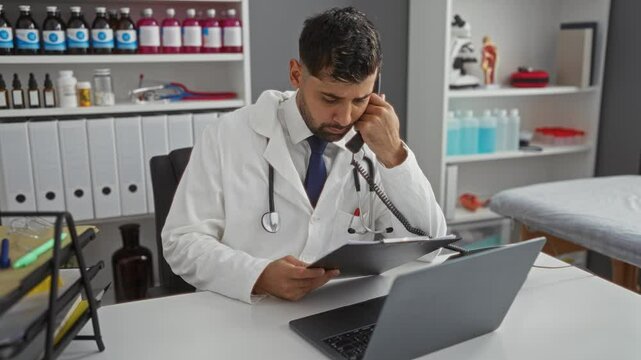 Young male doctor in clinical office reviews medical report while talking on phone, surrounded by organized shelves and medical supplies.