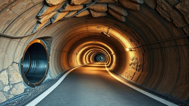 Vast underground tunnel with a metallic and stone finish, contemporary architectural style, industrial lighting