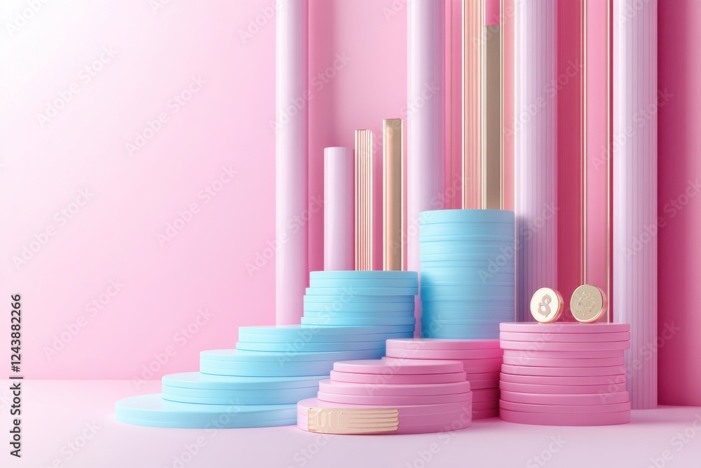 Poster a visually appealing arrangement of pastel-colored circular shapes and vertical lines on a soft pink
