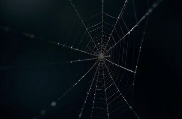 Fototapeta premium Web of predatory spider on black background. AI Generative