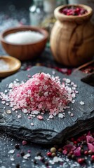 pink sea salt rose petals pink peppercorns wooden bowl dark background texture