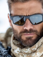 Strong male soldier holding a rifle with determination against a white background in a stock photo