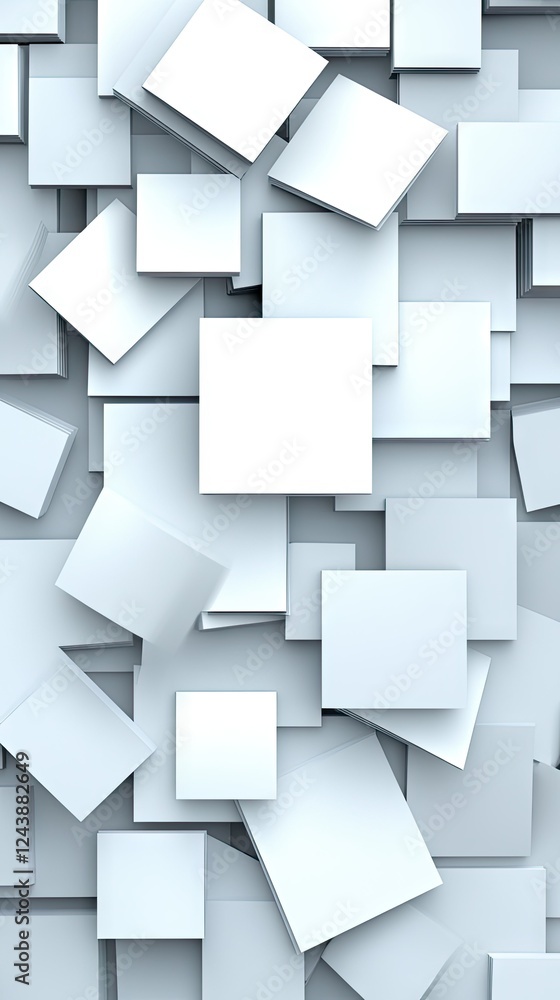 Poster abstract arrangement of white squares creating a dynamic and textured background with varying depths