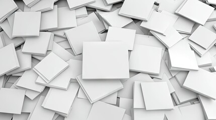 A creative workspace setting is filled with heaps of blank paper sheets carelessly scattered across the flat surface, inviting inspiration