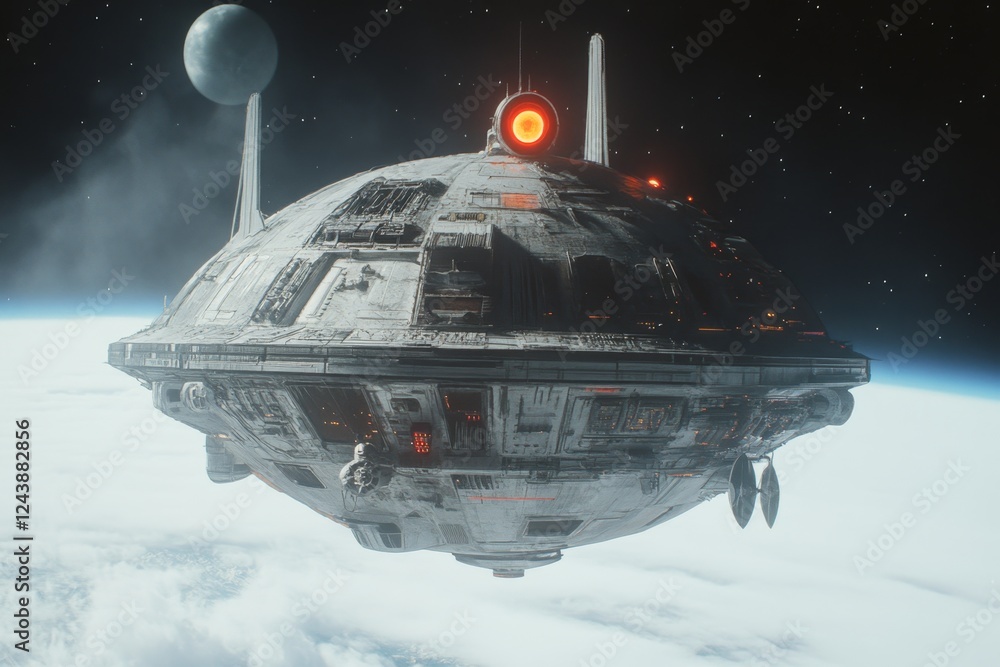 Poster a futuristic space station orbiting earth with scientists conducting experiments