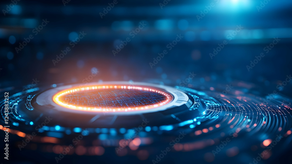 Poster futuristic technological design featuring glowing circles and digital patterns in blue tones.