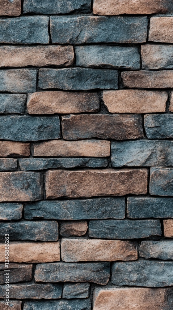 Poster close-up view of a textured stone wall featuring a unique blend of gray and brown stones arranged in