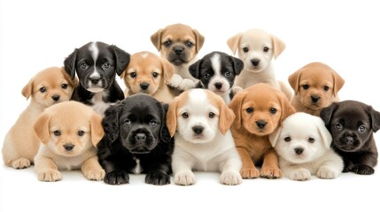 Various playful puppies gathered together in a cozy setting showcasing different breeds, sizes, and colors