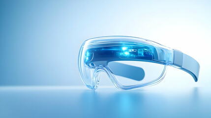 Futuristic virtual reality goggles with blue lights, showcasing modern technological advancement and innovation.