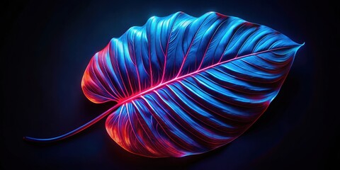 Obraz premium Vibrant tropical leaf illuminated with neon blue and red light